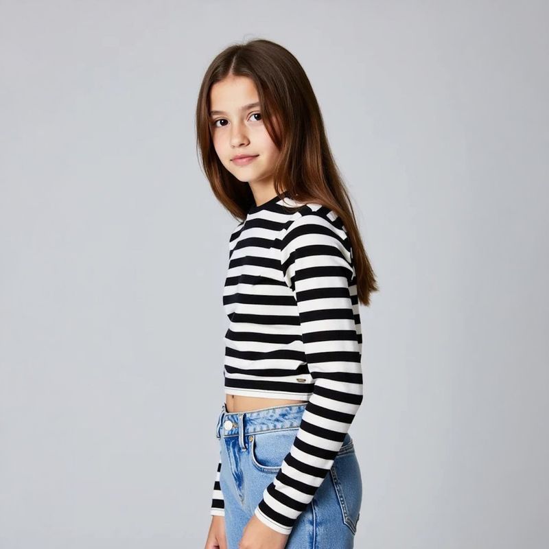 ELEVEN - Polera Casual Eleven Rayas Manga Larga Niña Algodón Crop Fit