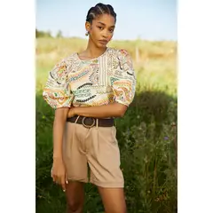 BASEMENT - Blusa Manga Corta Estampada Mujer Lino Algodón
