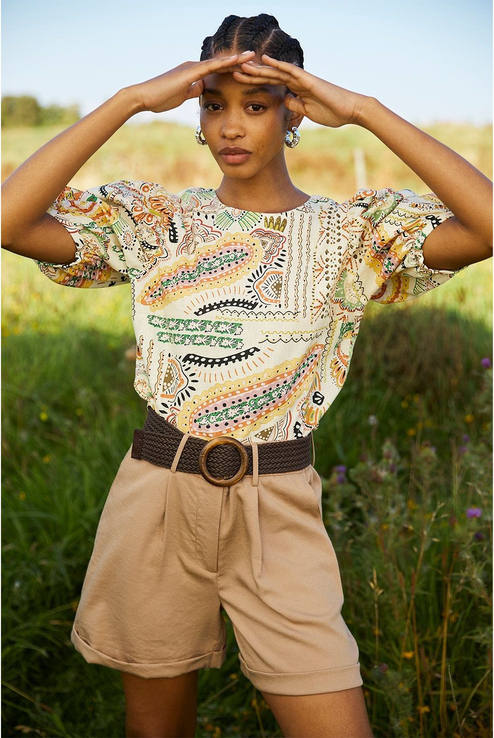 BASEMENT - Blusa Basement Manga Corta Estampada Mujer Lino Algodón