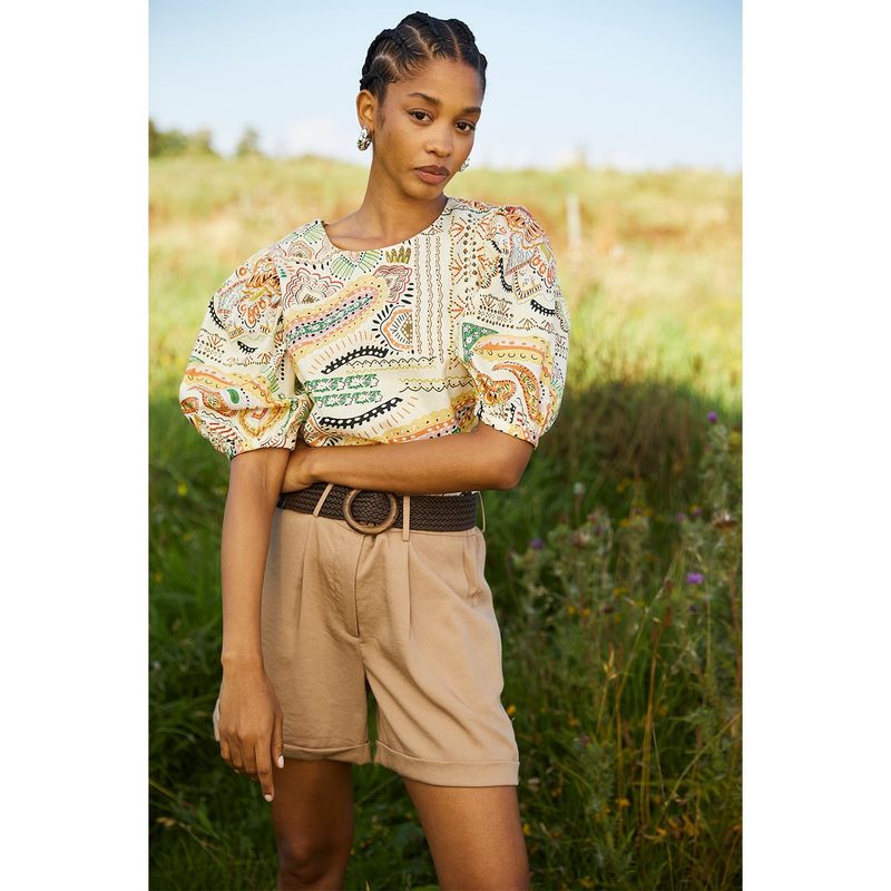 BASEMENT - Blusa Basement Manga Corta Estampada Mujer Lino Algodón