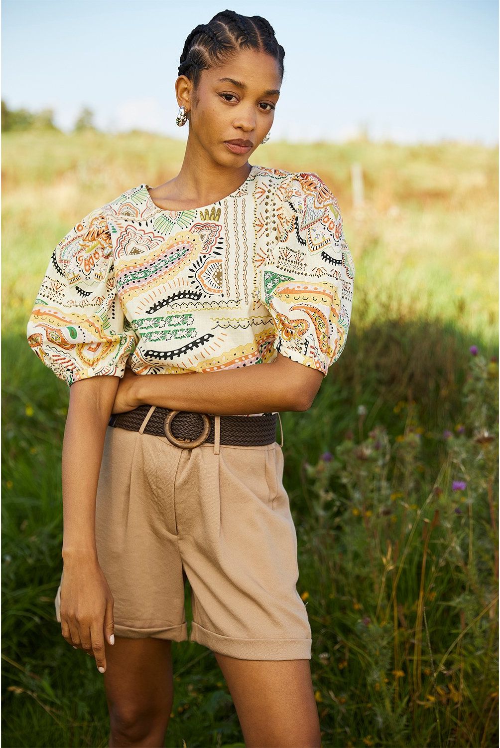 BASEMENT - Blusa Basement Manga Corta Estampada Mujer Lino Algodón
