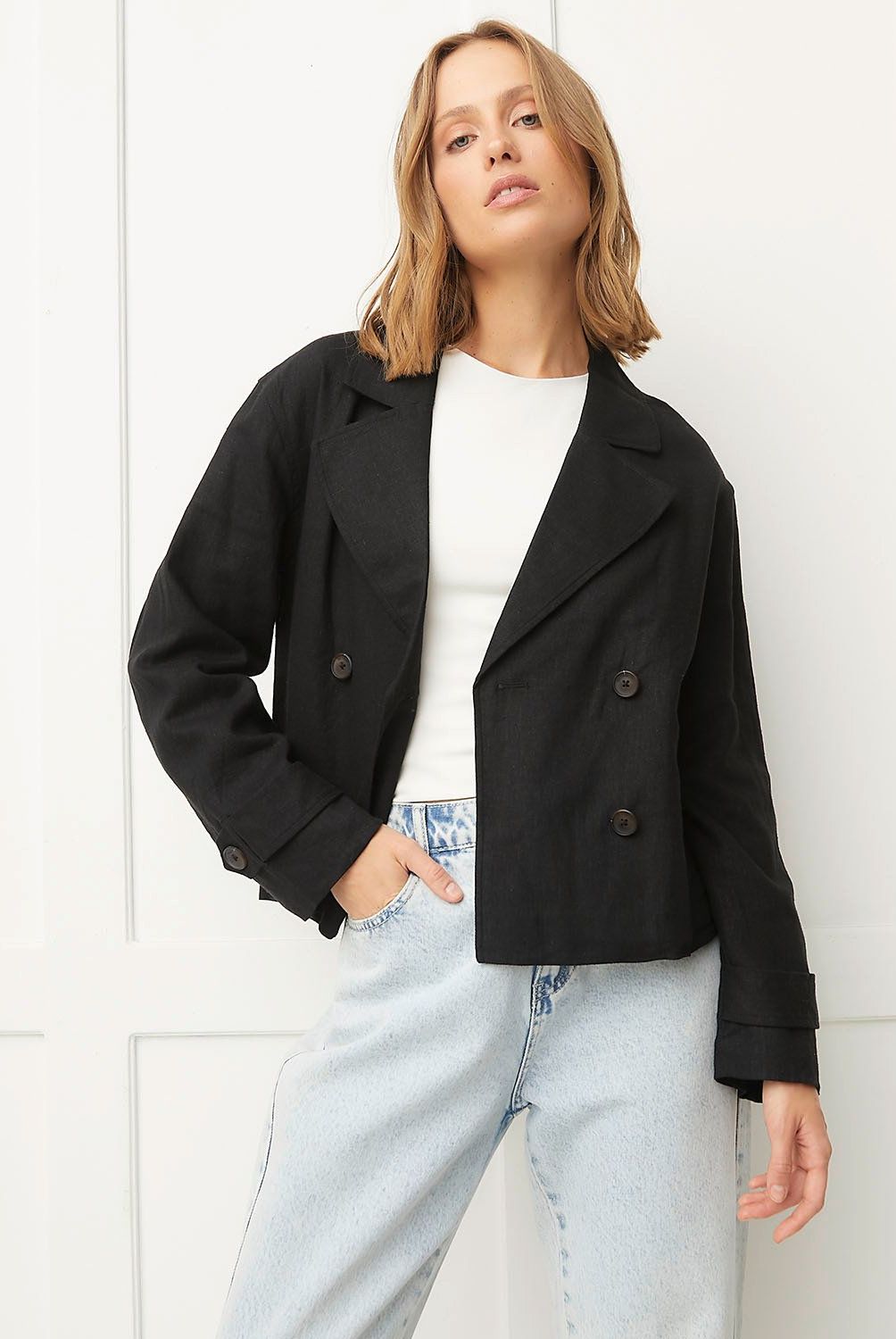 BASEMENT - Chaqueta Basement Regular Fit Lino Manga Larga Mujer