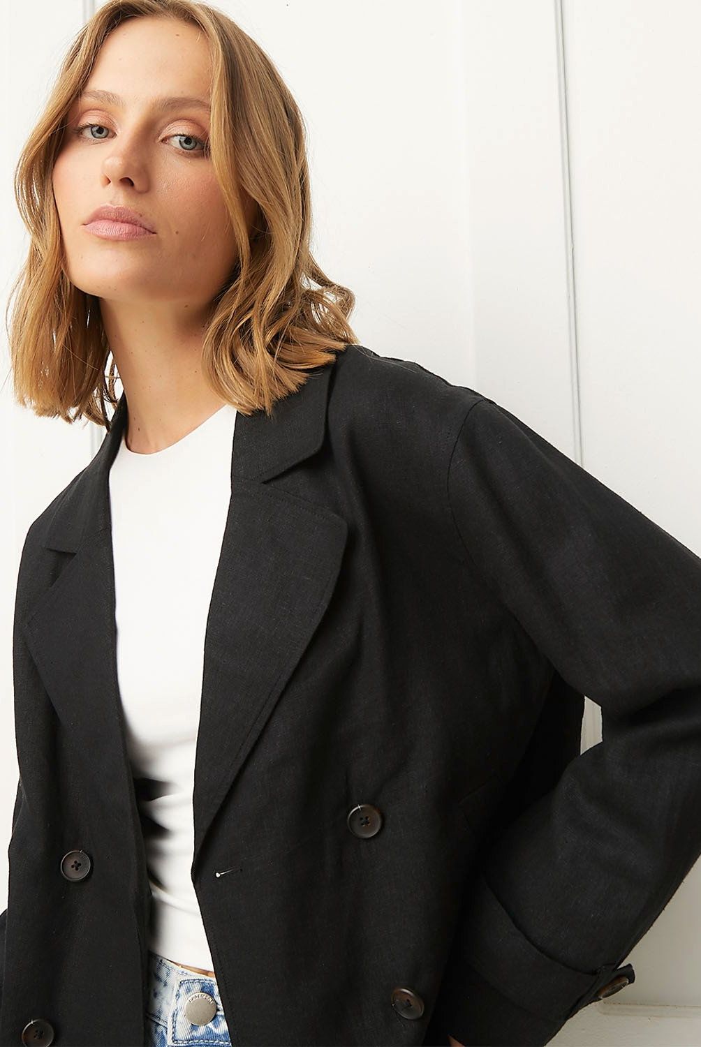 BASEMENT - Chaqueta Basement Regular Fit Lino Manga Larga Mujer