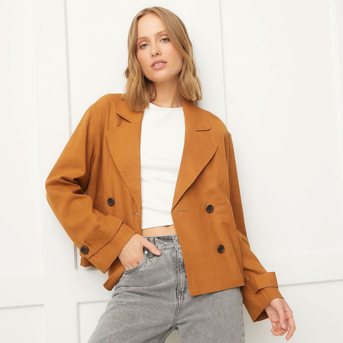 BASEMENT - Chaqueta Basement Regular Fit Lino Manga Larga Mujer