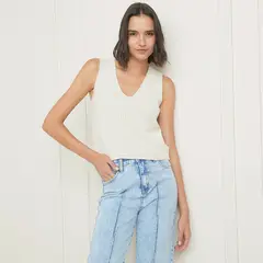 BASEMENT - Polera Sin Mangas Algodón Rayas Mujer Cuello V