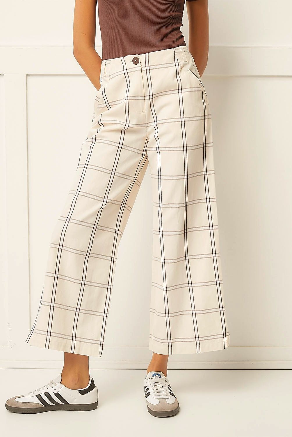 BASEMENT - Pantalón Recto Basement Mujer Algodón y Lino a Cuadros