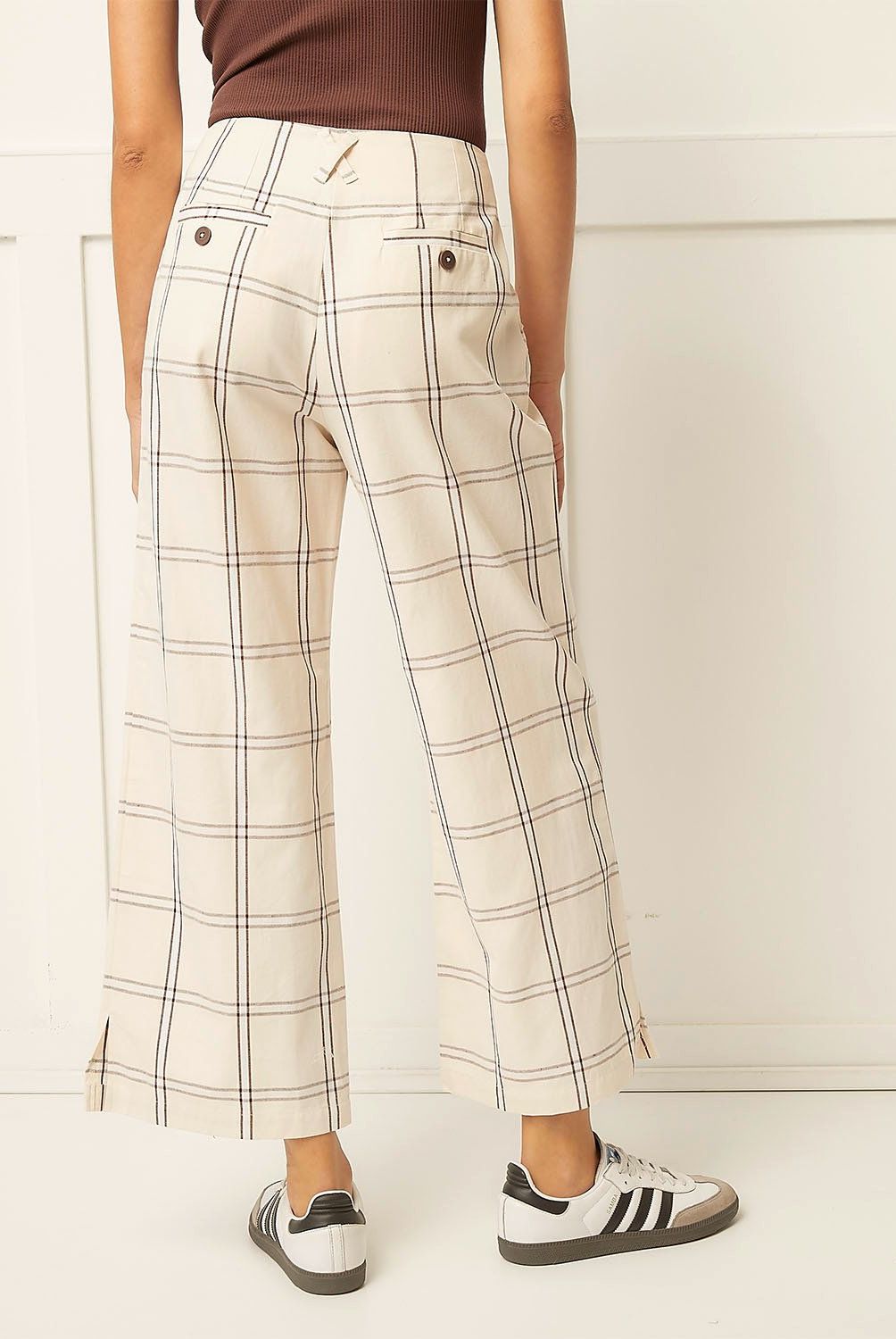 BASEMENT - Pantalón Recto Basement Mujer Algodón y Lino a Cuadros