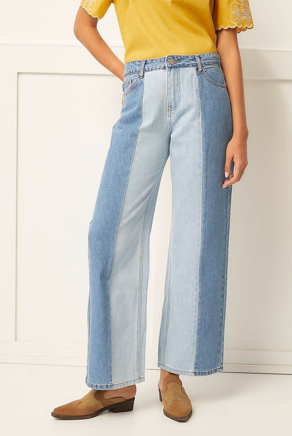 BASEMENT - Jeans Basement Mujer Wide Leg Bicolor Algodón Casual