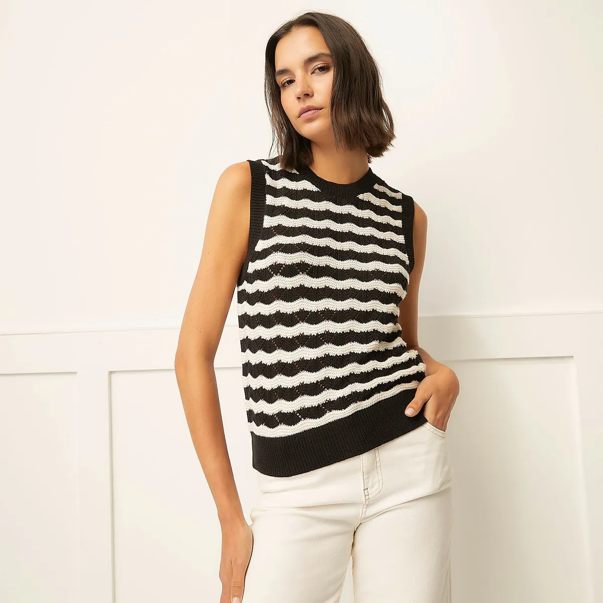 BASEMENT - Sweater Basement Sin Mangas a Rayas Mujer Algodón