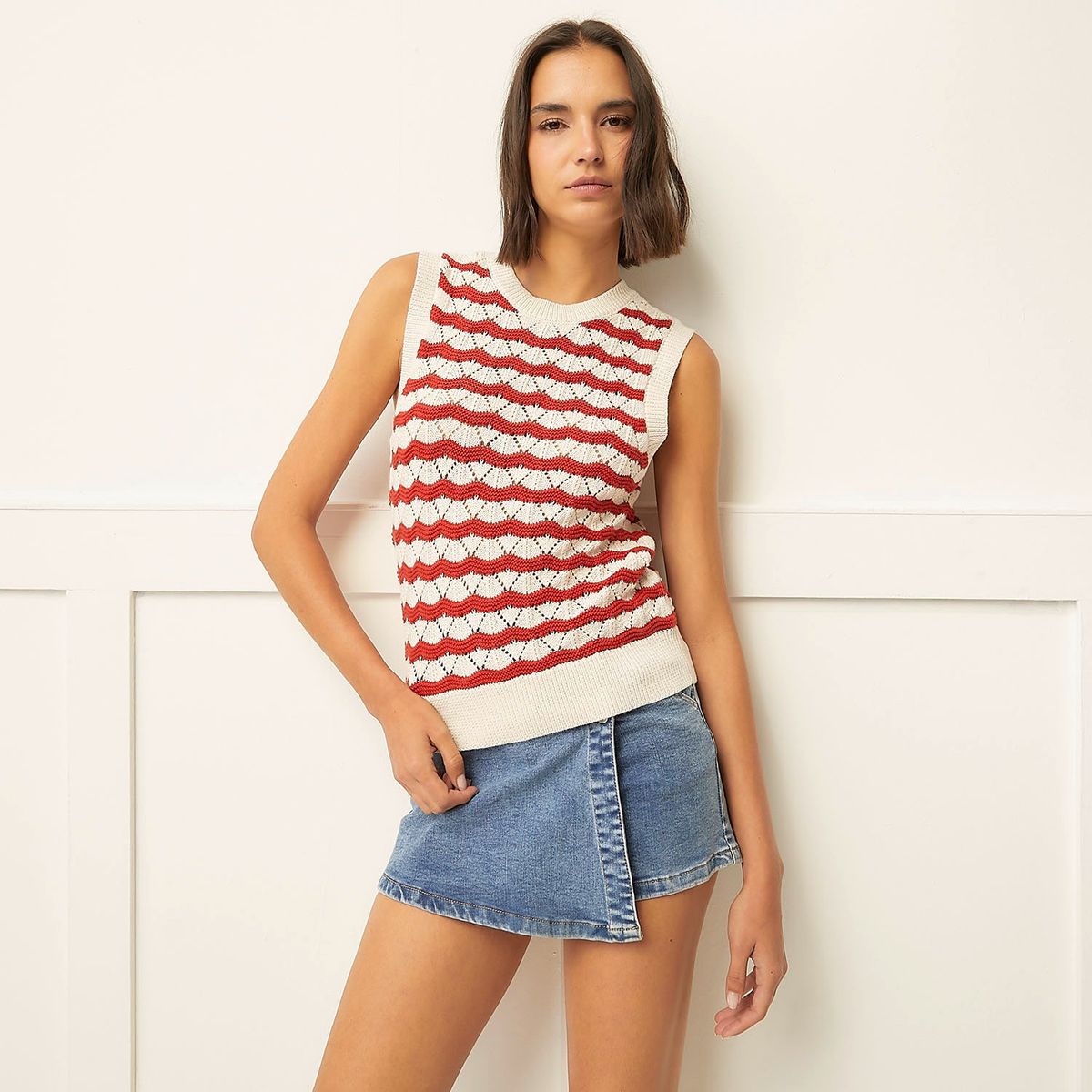 BASEMENT - Sweater Basement Sin Mangas a Rayas Mujer Algodón