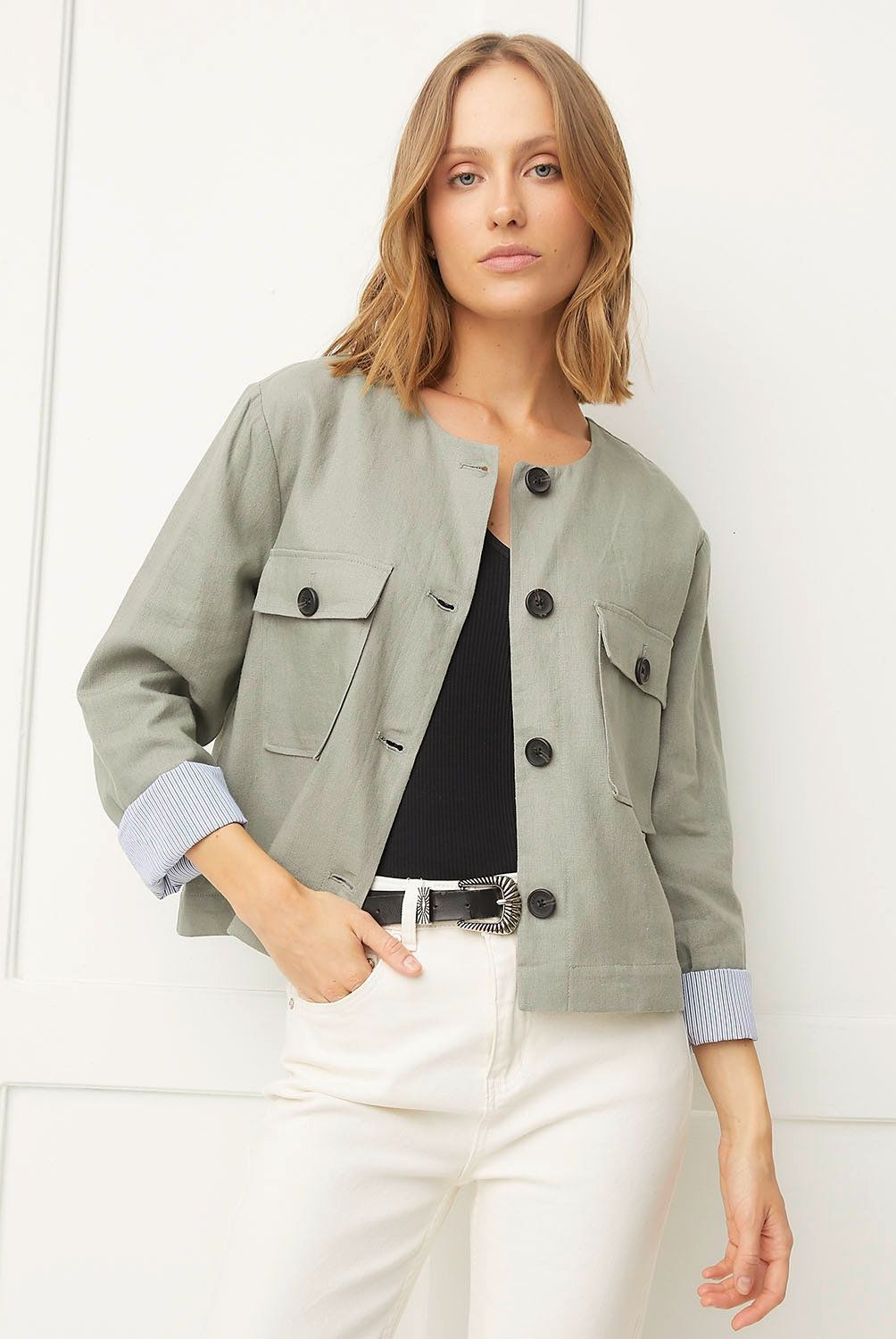 BASEMENT - Chaqueta Basement Mujer Lino Regular Fit Manga Larga