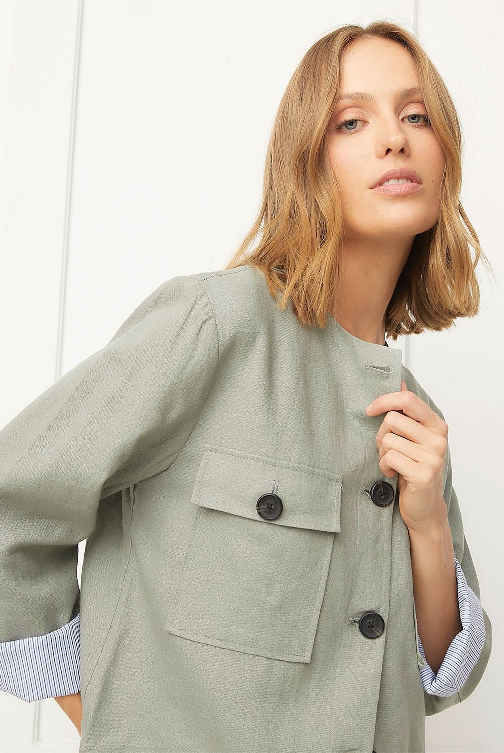BASEMENT - Chaqueta Basement Mujer Lino Regular Fit Manga Larga