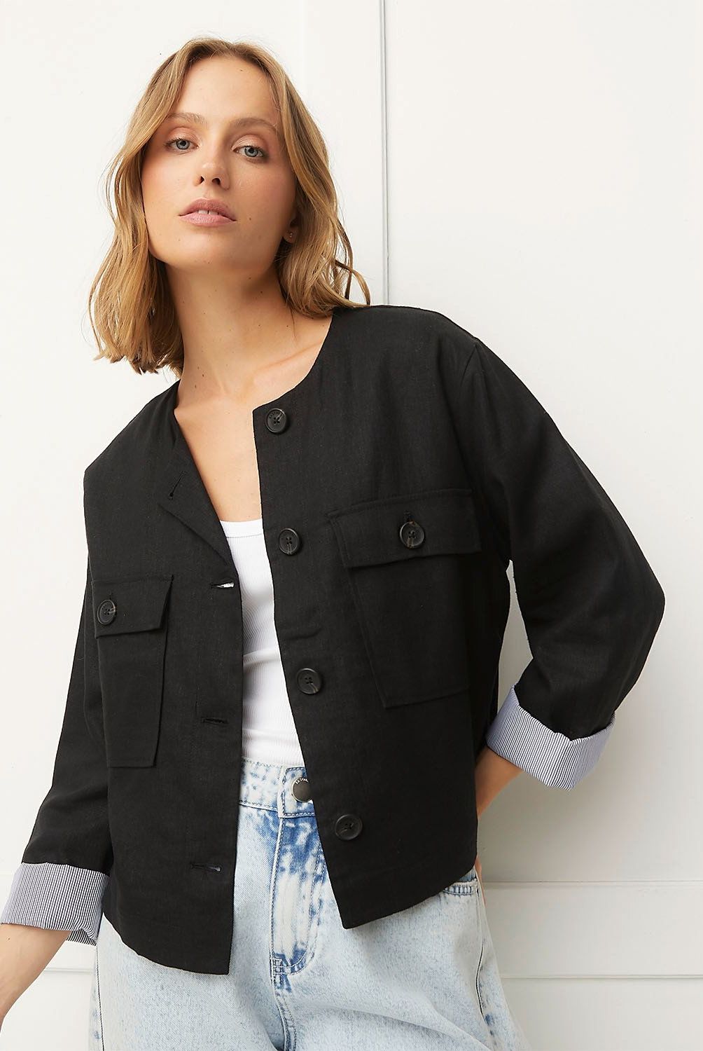 BASEMENT - Chaqueta Basement Mujer Lino Regular Fit Manga Larga