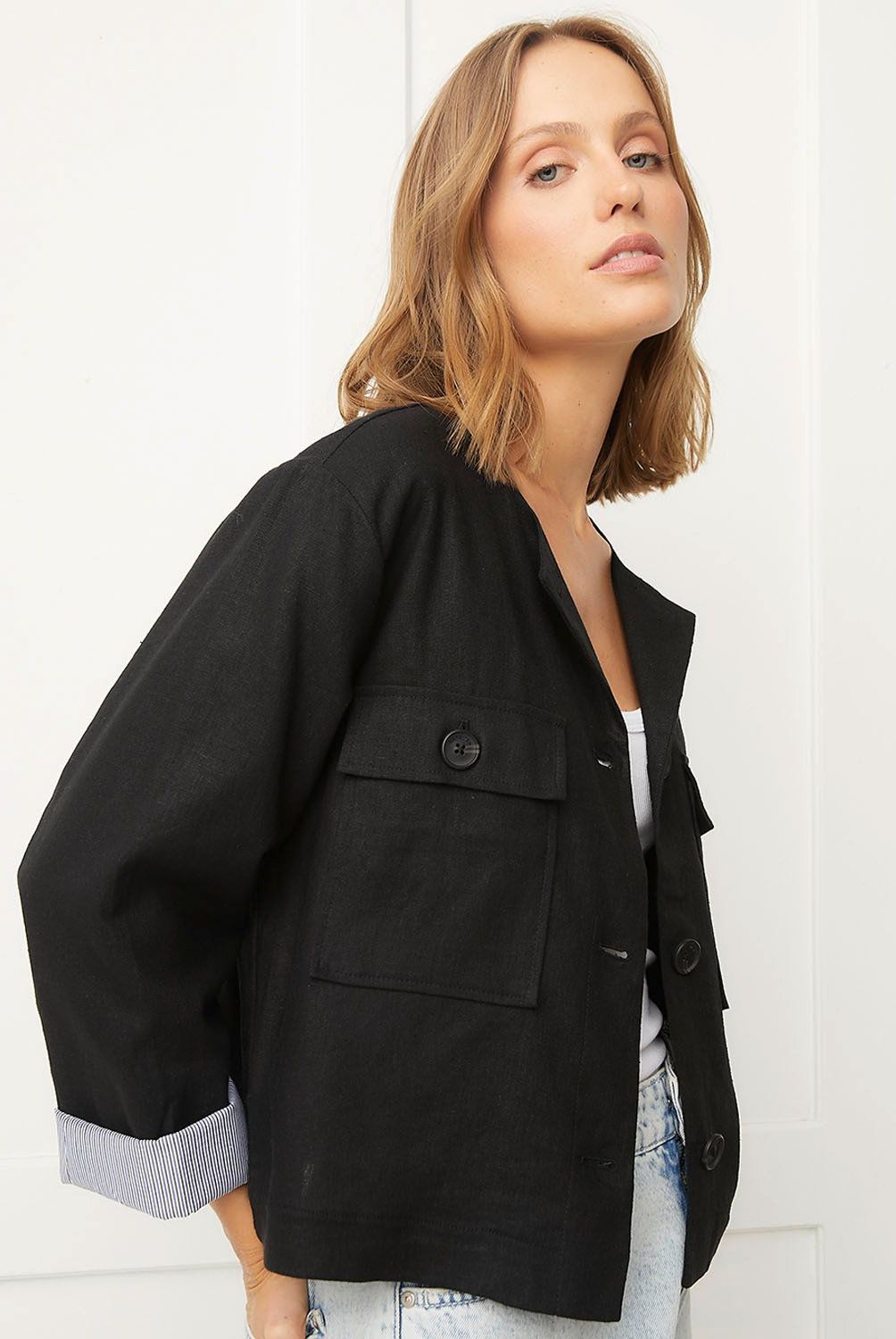 BASEMENT - Chaqueta Basement Mujer Lino Regular Fit Manga Larga