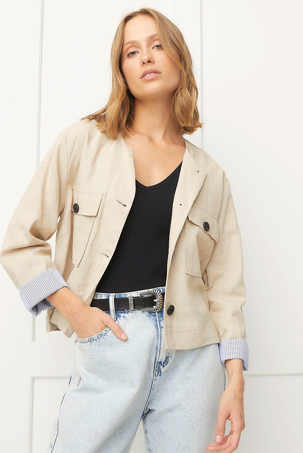 BASEMENT - Chaqueta Basement Mujer Lino Regular Fit Manga Larga