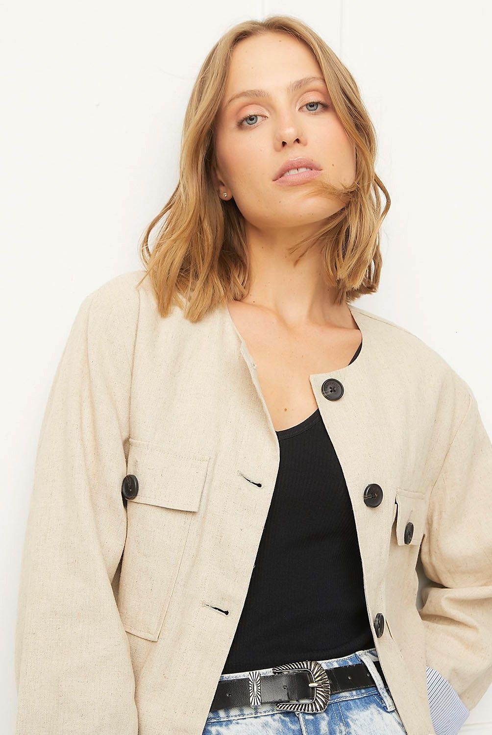 BASEMENT - Chaqueta Basement Mujer Lino Regular Fit Manga Larga