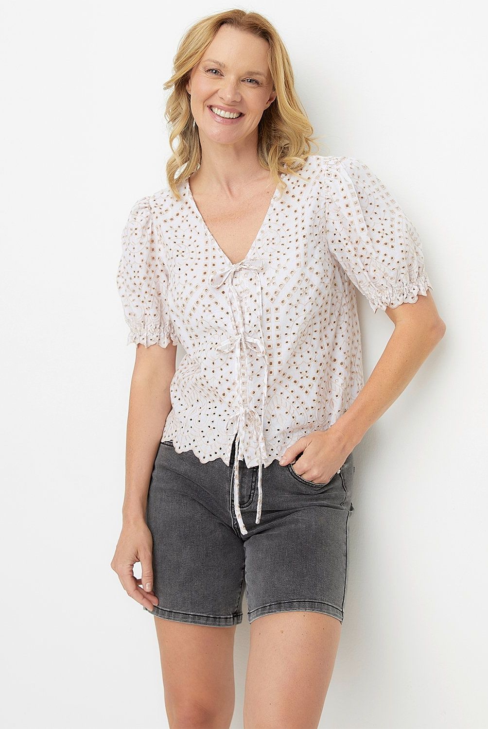 NEWPORT - Blusa Newport Manga Corta Algodón Mujer Calado