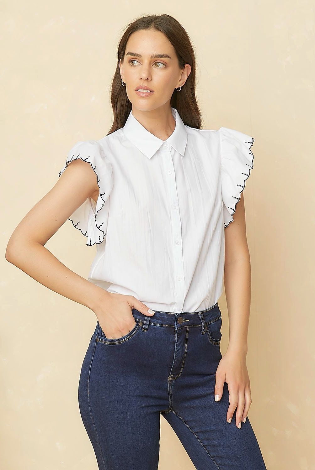 ELLE - Blusa Volados Manga Corta Mujer Elle