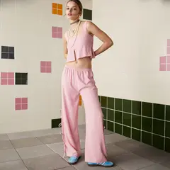 SYBILLA - Pantalón Wide Leg Mujer Viscosa Lino Casual