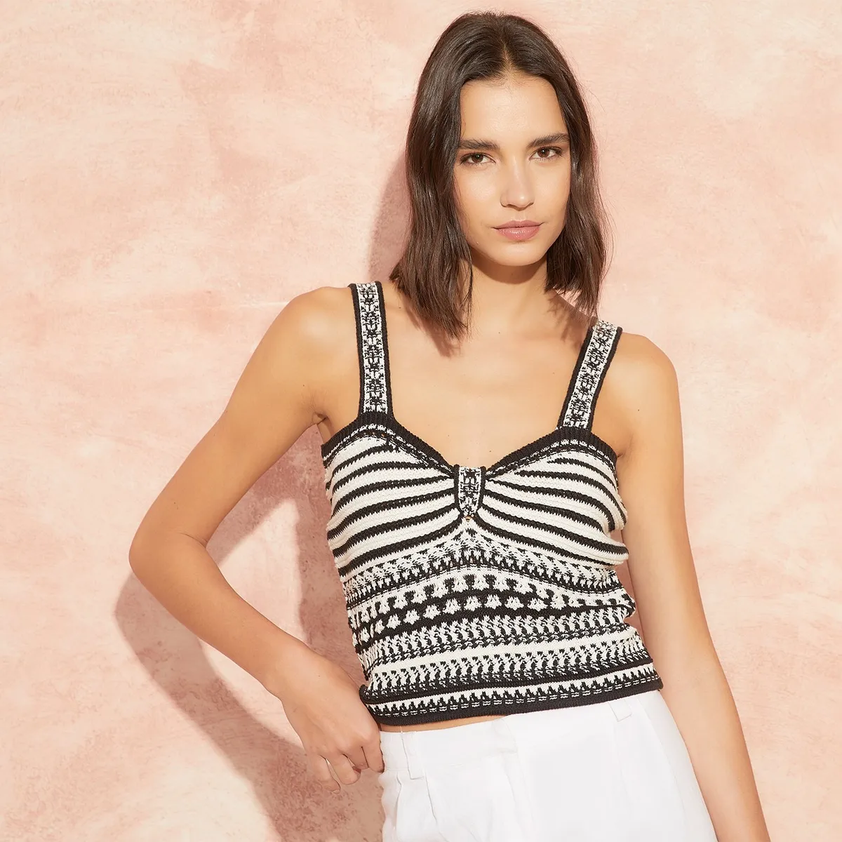 BASEMENT - Polera Basement Mujer Acrílico Sin Mangas Diseño Rayas