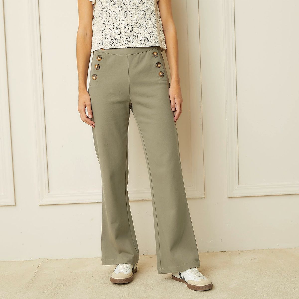 BASEMENT - Pantalón Basement Flare Tiro Alto Mujer Algodón