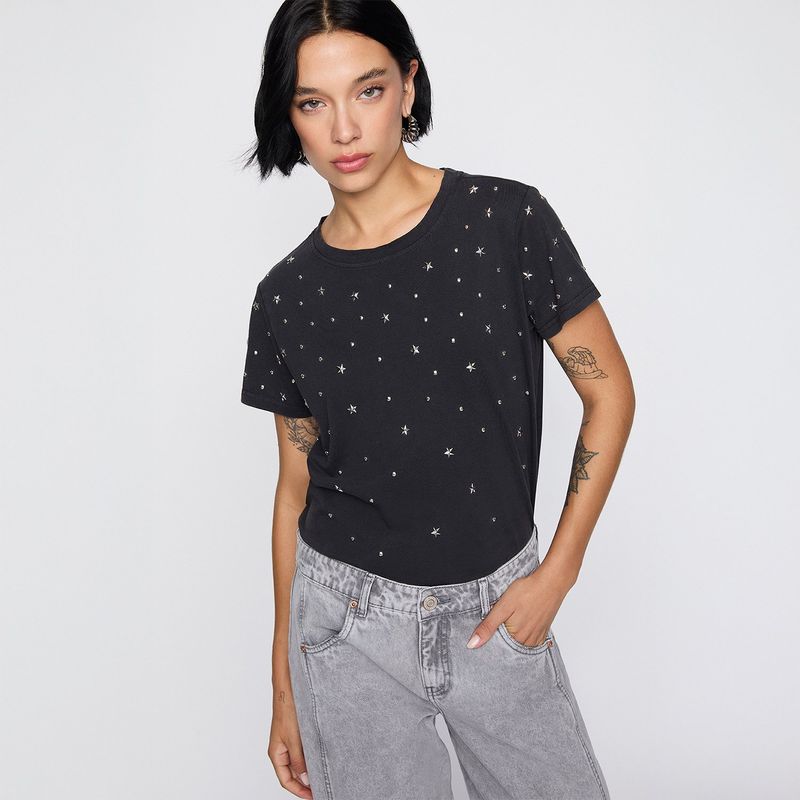 AMERICANINO - Polera Americanino Boxy Fit Tachas Manga Corta Mujer