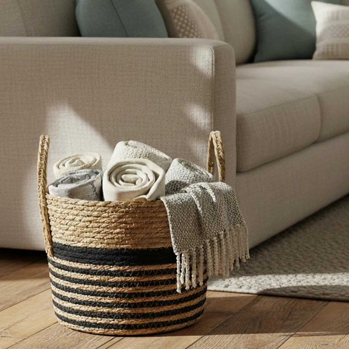 MICA - Canasto Rattán Líneas Negras Rush Adorno Decorativo Mica