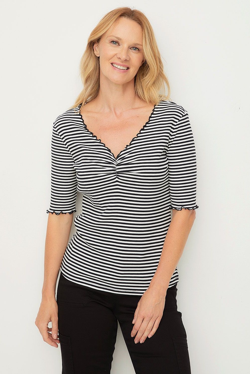 NEWPORT - Polera Manga Corta Rayada Algodón Mujer Newport
