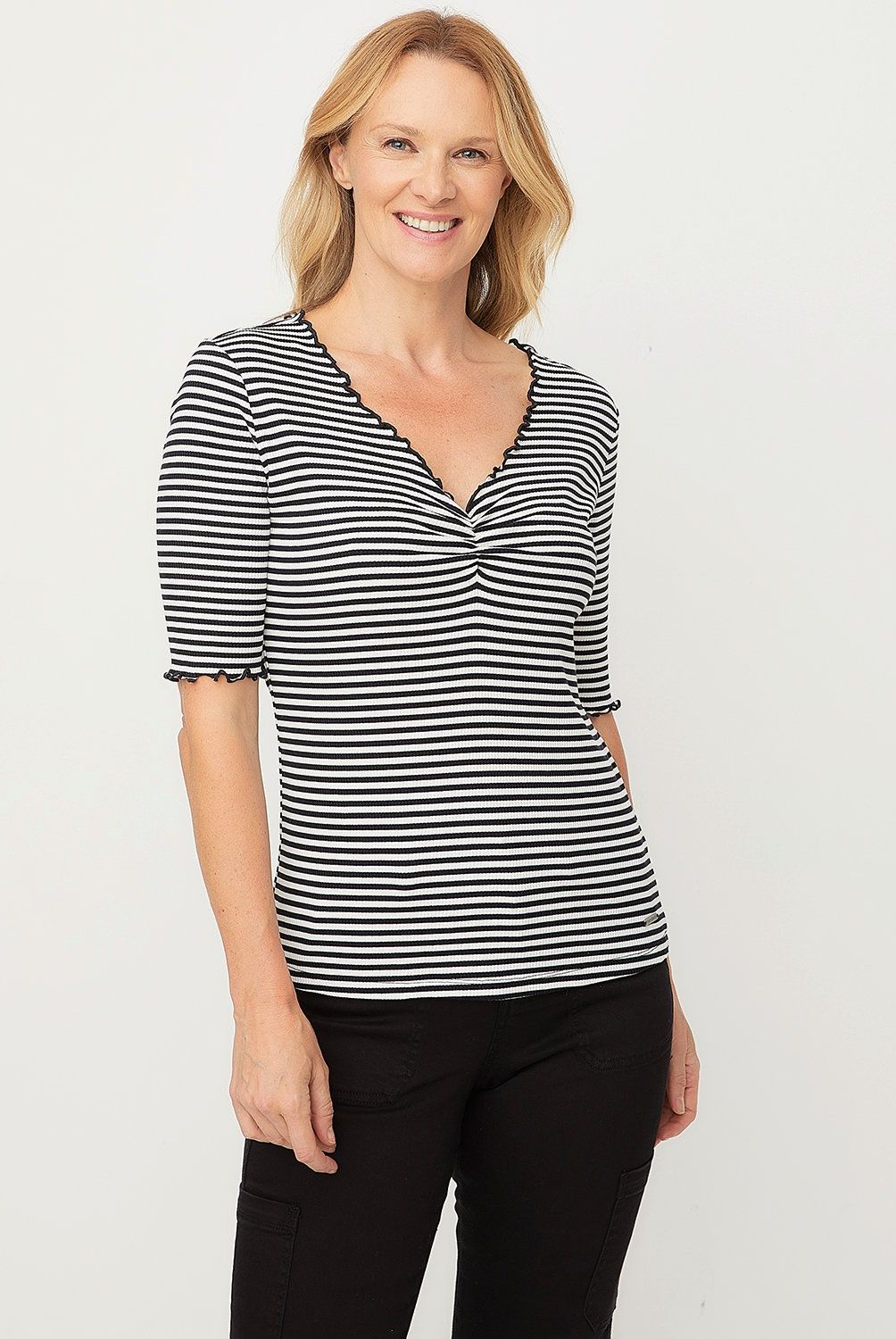 NEWPORT - Polera Manga Corta Rayada Algodón Mujer Newport