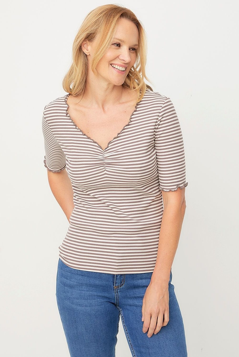NEWPORT - Polera Manga Corta Rayada Algodón Mujer Newport