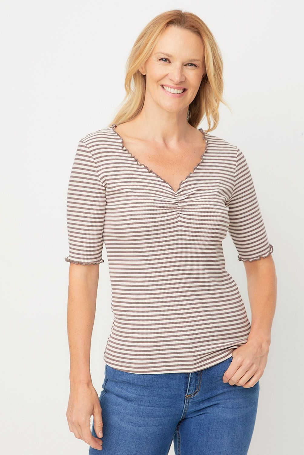 NEWPORT - Polera Manga Corta Rayada Algodón Mujer Newport