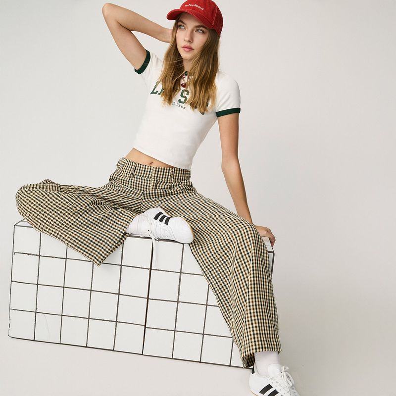 SYBILLA - Pantalón Palazzo Mujer Sybilla Tiro Medio Diseño Cuadros