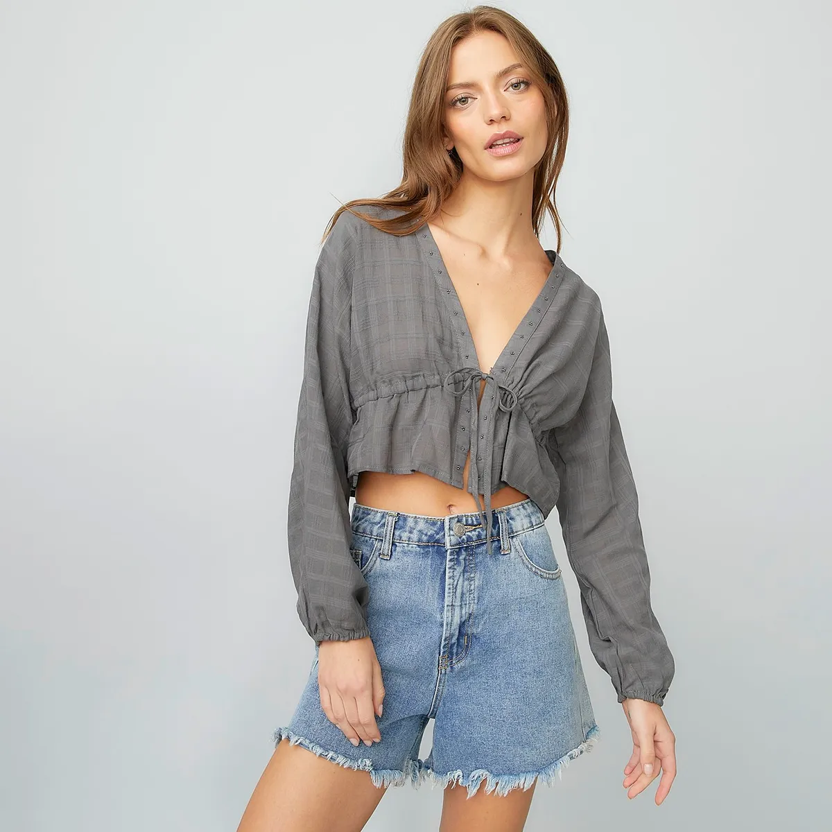 AMERICANINO - Blusa Cropped Mujer Americanino Algodón Manga Larga