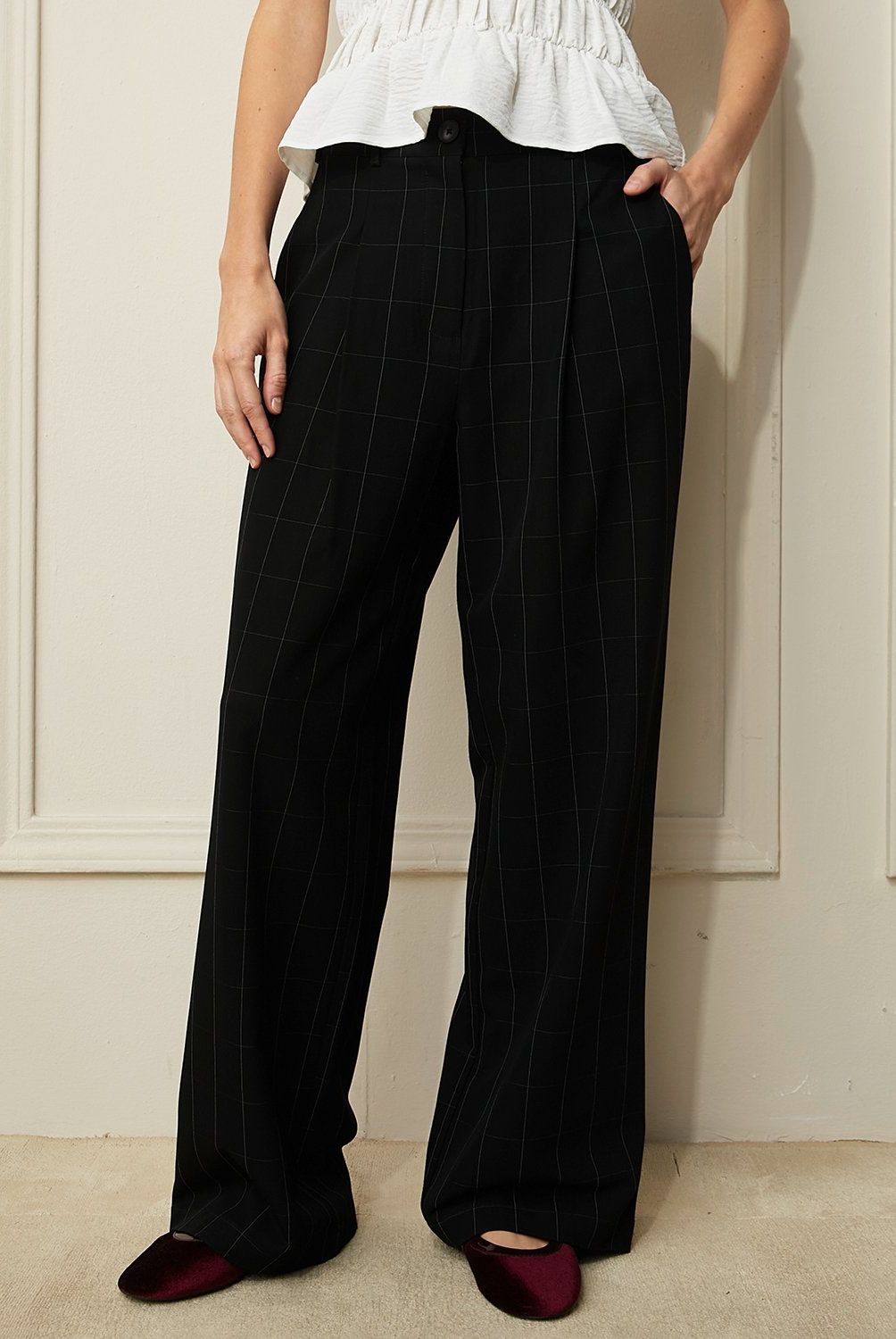 BASEMENT - Pantalón Mujer Basement Wide Leg Tiro Alto Diseño Cuadros