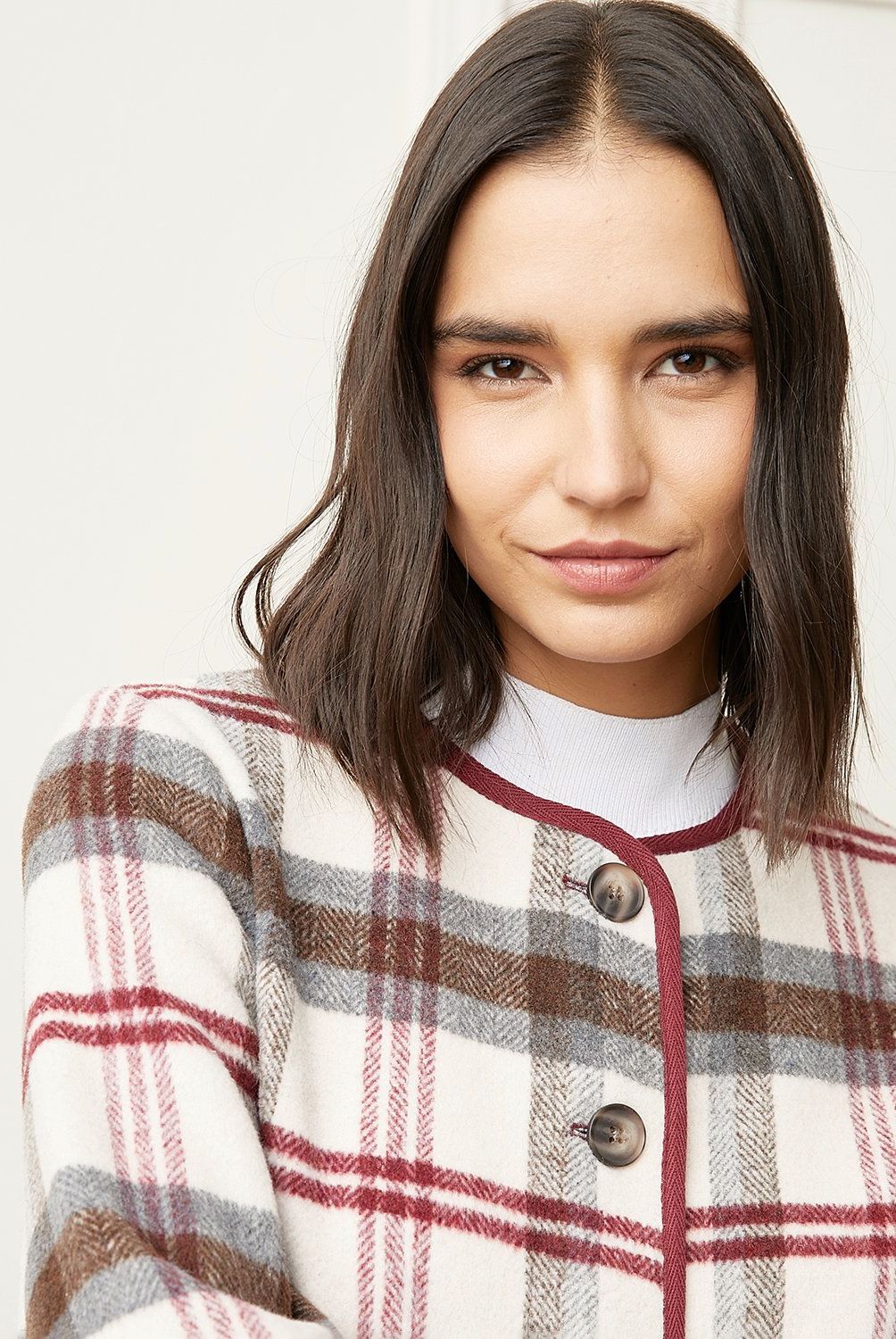 BASEMENT - Chaqueta Basement Cuadros Mujer Manga Larga Cuello Mao