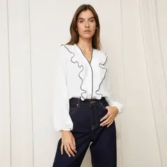 BASEMENT - Blusa Manga Larga Con Volantes Mujer Off White