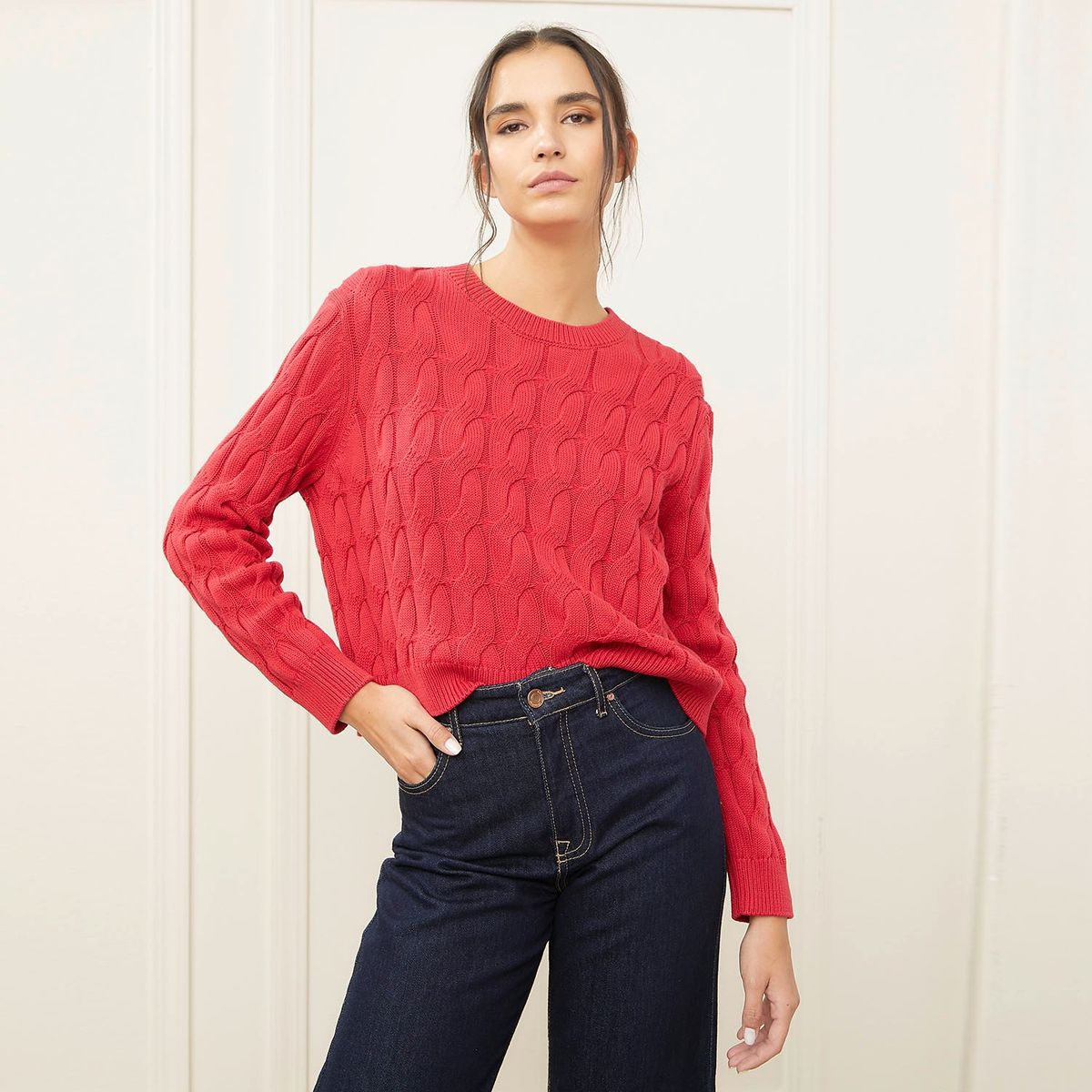 BASEMENT - Suéter Basement Algodón Diseño Trenzado Mujer Manga Larga