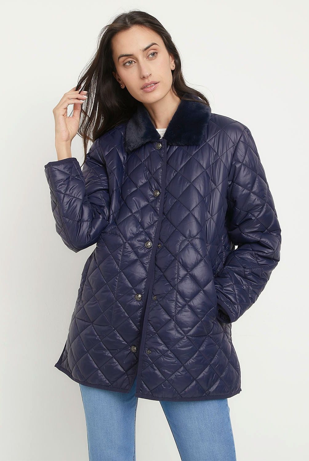 APOLOGY - Parka Apology Acolchada Con Cuello De Piel Mujer Azul Marino