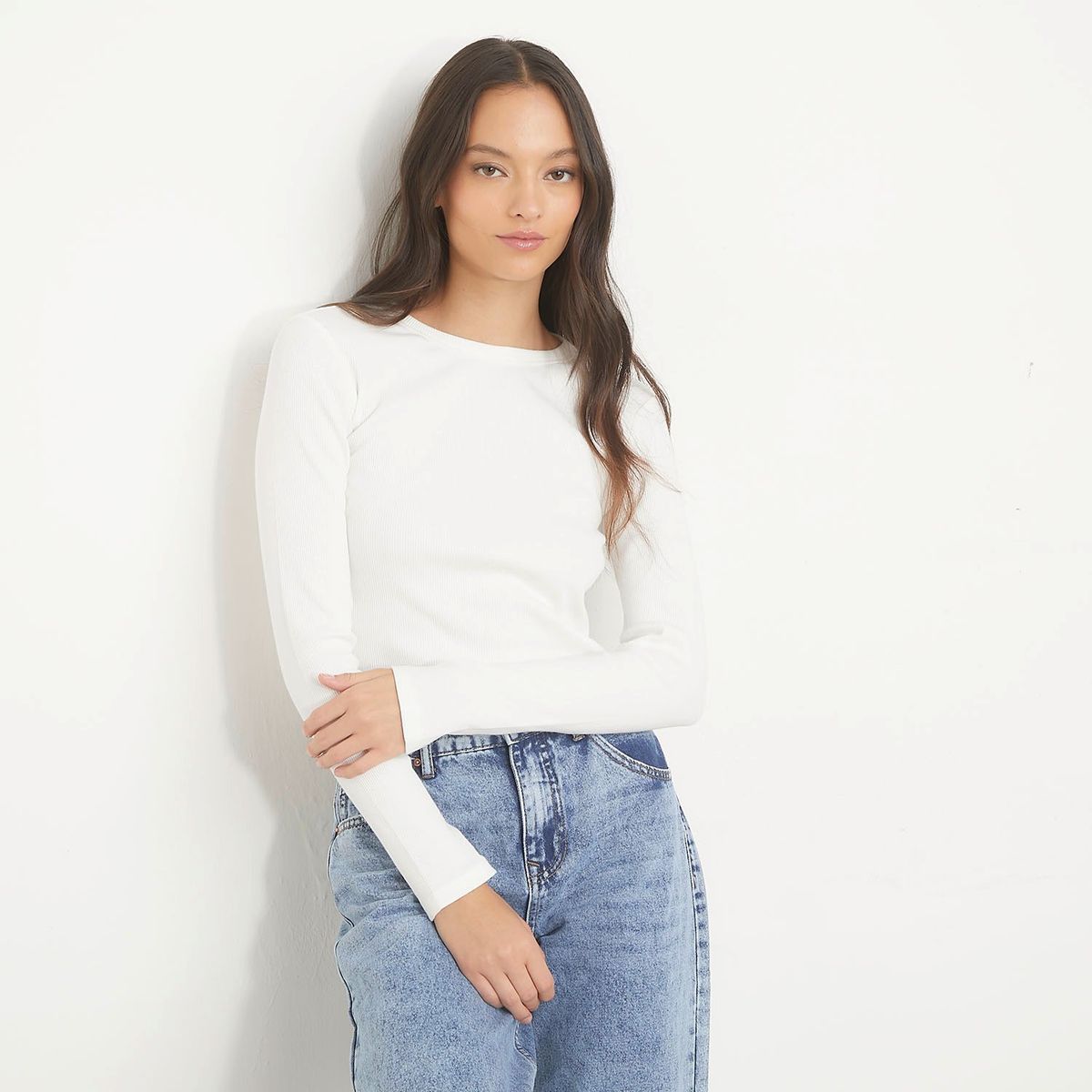 SYBILLA - Polera Cropped Acanalada Manga Larga Mujer Sybilla