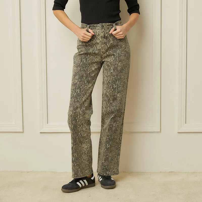 BASEMENT - Jeans Straight Mujer Basement Diseño Animal Print Algodón
