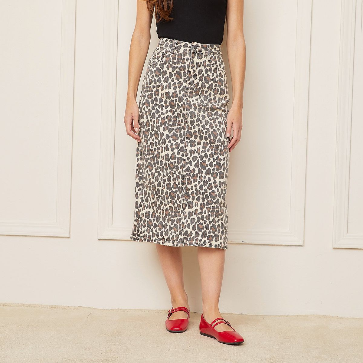 BASEMENT - Falda Basement Midi Algodón Animal Print Mujer