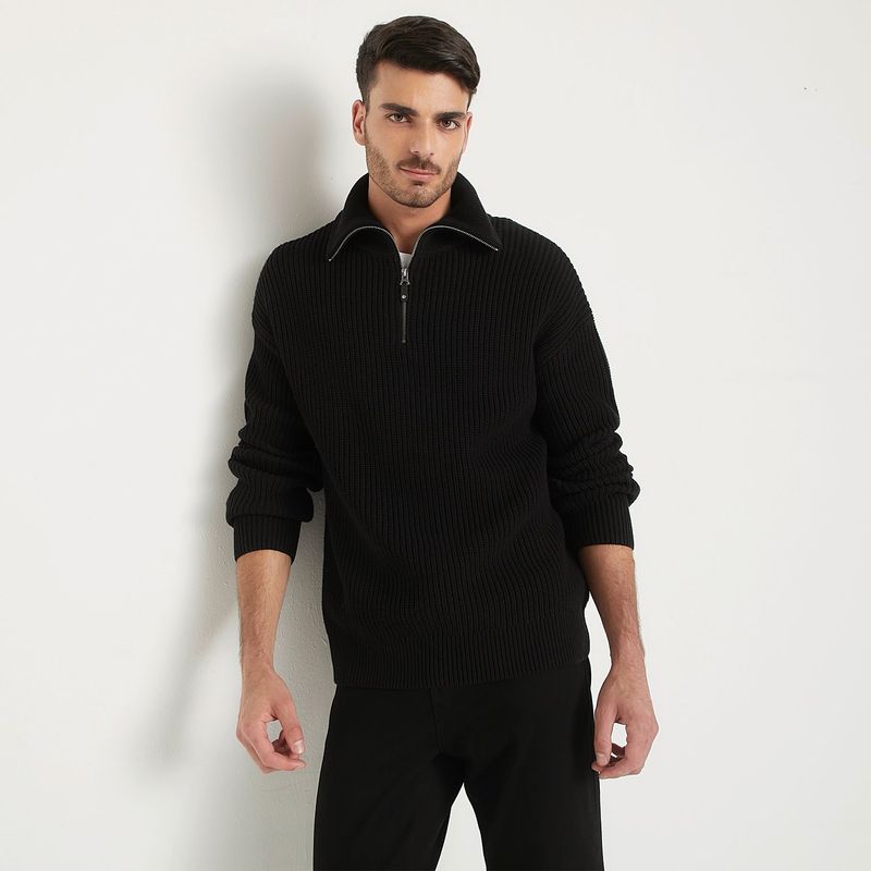 BASEMENT - Sweater Algodón Cuello Alto Medio Cierre Basement Hombre