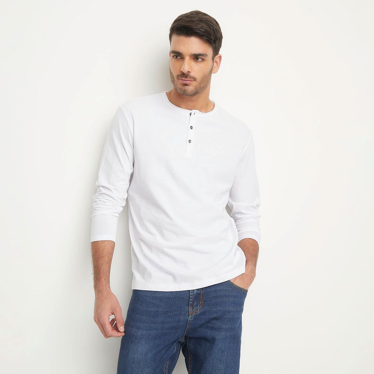 BASEMENT - Polera Henley Manga Larga Algodón Basement Hombre