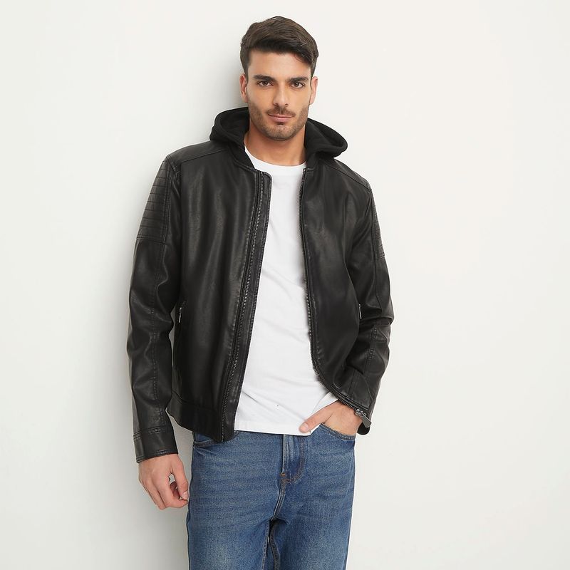 BASEMENT - Chaqueta Basement Simil Cuero Con Gorro Hombre