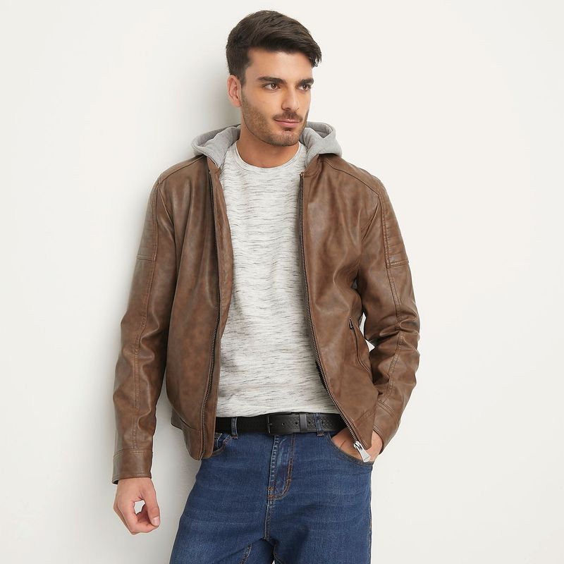 BASEMENT - Chaqueta Basement Simil Cuero Con Gorro Hombre
