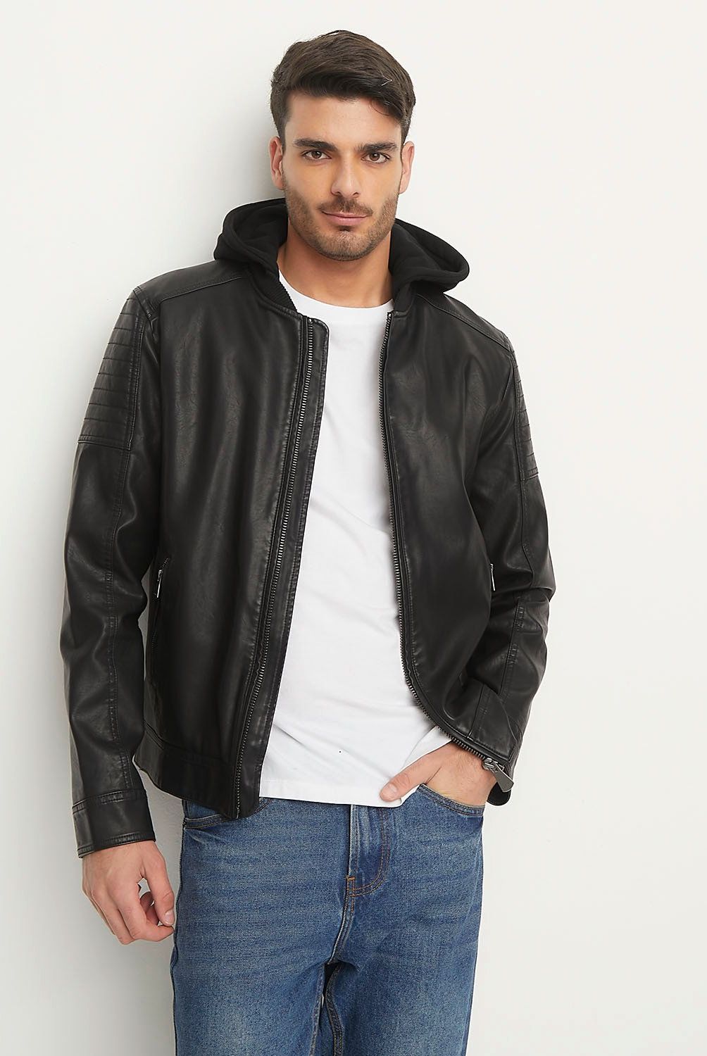 BASEMENT - Chaqueta Basement Simil Cuero Con Gorro Hombre