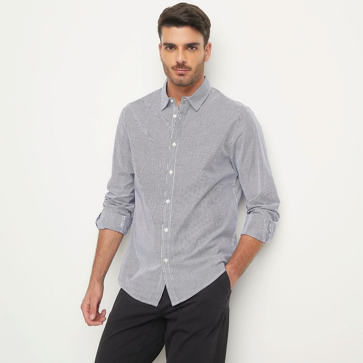BASEMENT - Camisa Manga Larga Rayas Slim Fit Hombre Basement