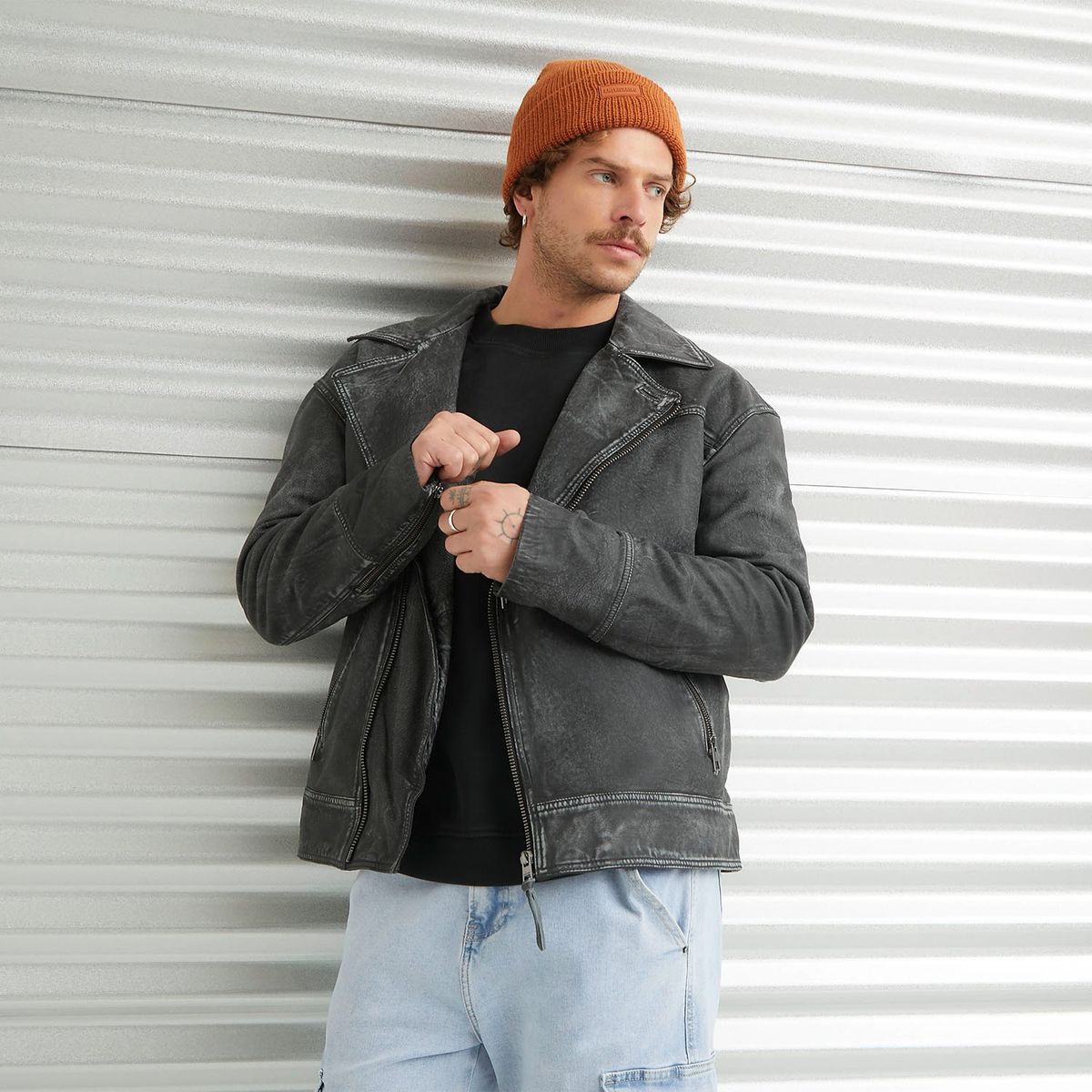 AMERICANINO - Chaqueta Biker Cuero Hombre Americanino