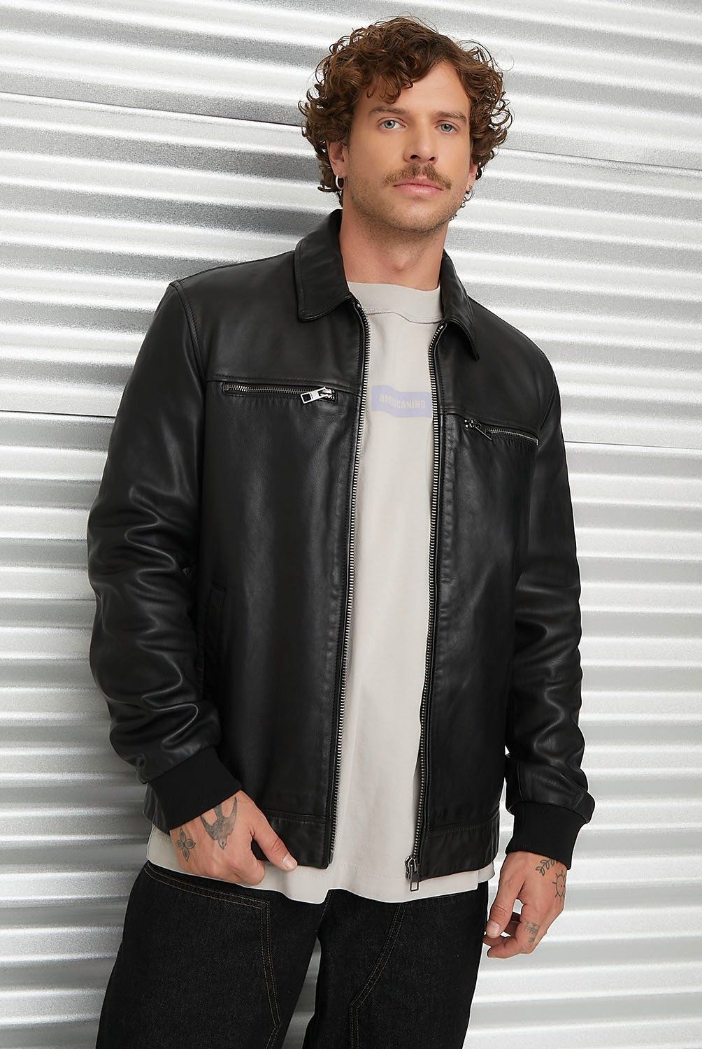 AMERICANINO - Chaqueta de Cuero Americanino Clásica Hombre Manga Larga