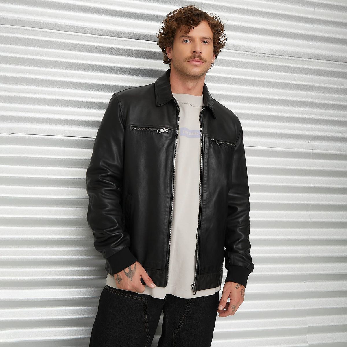 AMERICANINO - Chaqueta de Cuero Americanino Clásica Hombre Manga Larga